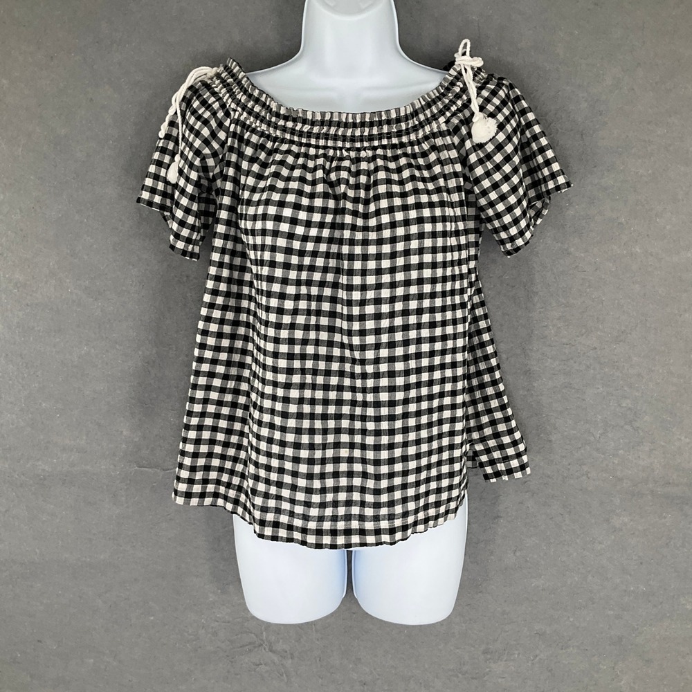 LOFT Black Gingham Off Shoulder Smocked Tassel Top M Peasant‎ Cottage Prairie